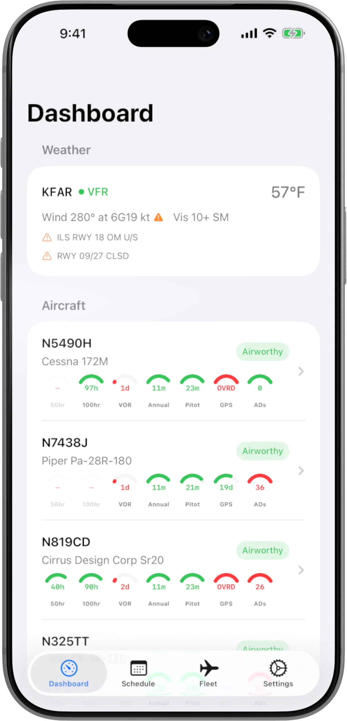 TieDown Dashboard on iPhone — fleet roster with airworthiness status and compliance gauges per aircraft
